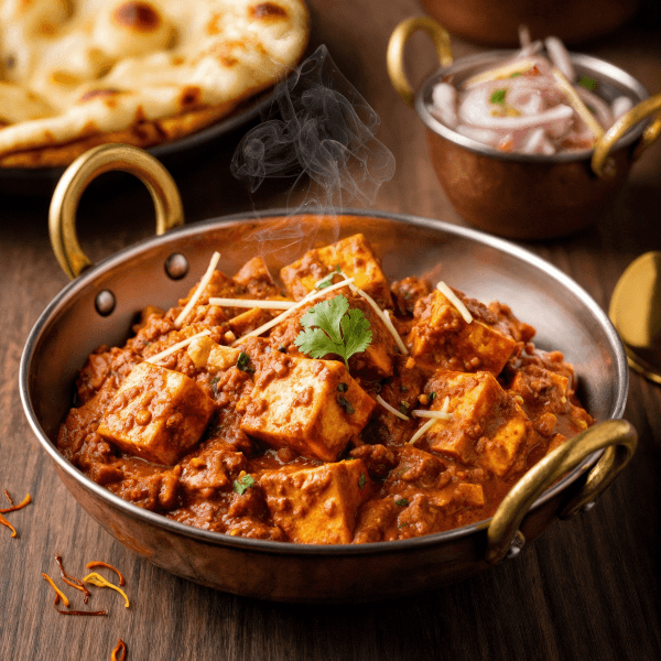Turbaned chef stirring a copper handi cooking North Indian food